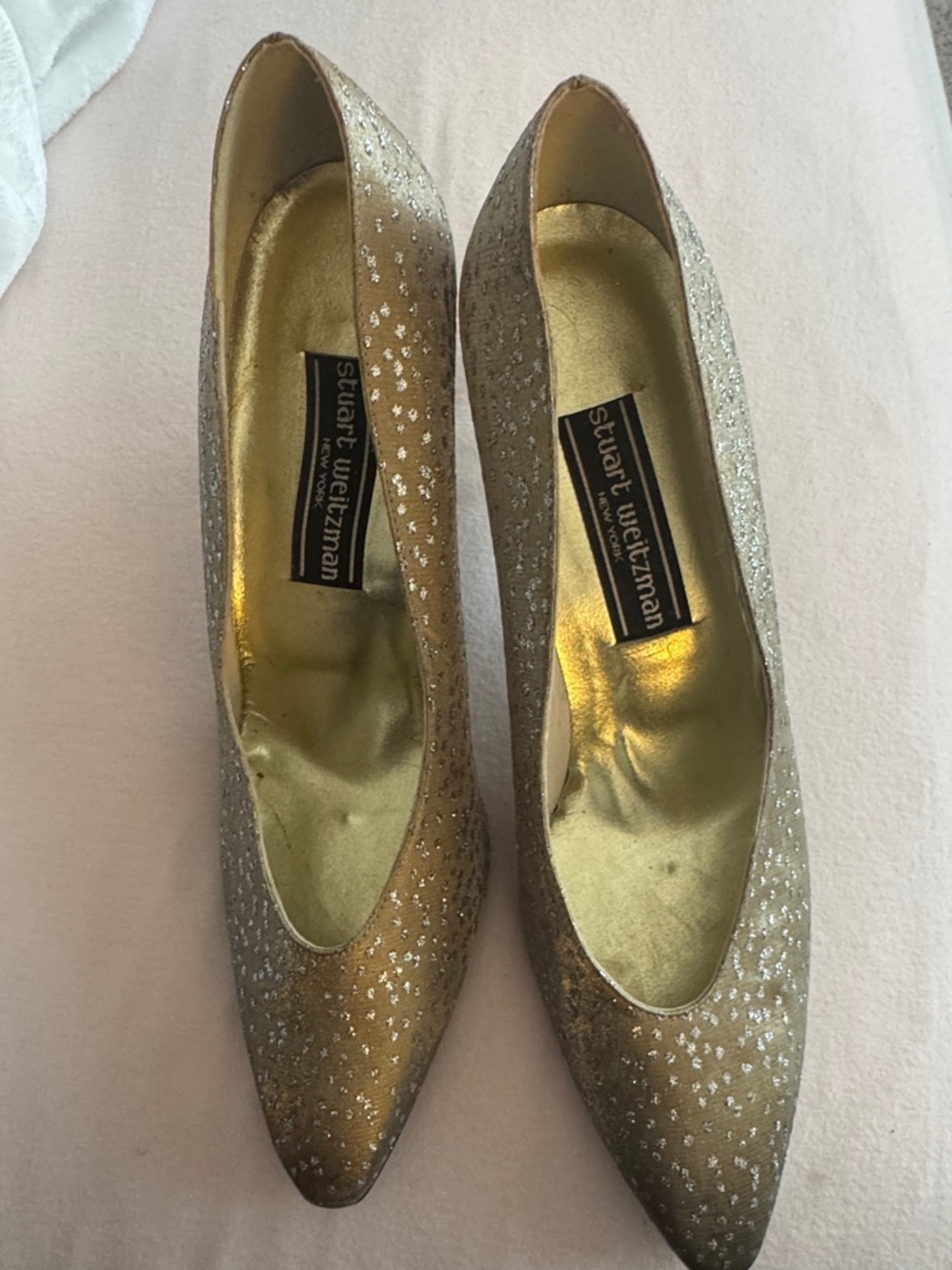 Stuart Weitzman Gold Glitter Pointed-Toe Pumps